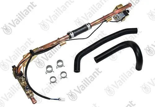 Vaillant Sicherheitsventil und Thermostat, bestehend aus einem Kupferrohr, dazugehörigen Schläuchen und Klemmen. Komponenten für Heizsysteme.